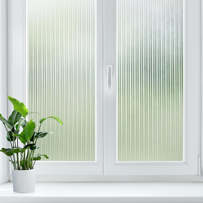 LUTE Reeded Glass Window Privacy Film, Frosted Glass Film, Removable 3D Decorative Decals Sun Blocking Anti UV Door Window Cover, No Glue Static Cling Vinyl for Bathroom Home Office, 23.6" x 157.4"