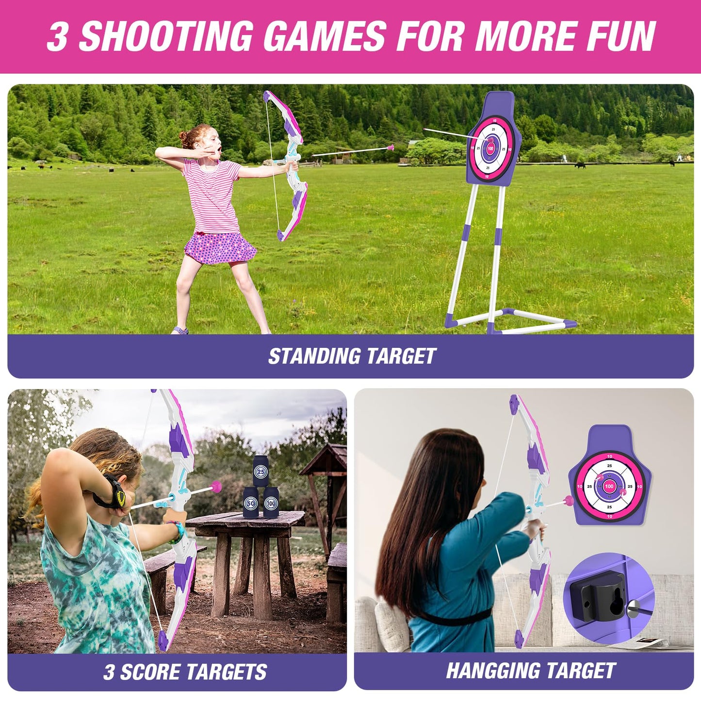 HYES Bow and Arrow for Kids 4-6, LED Light Up Archery Set with 12 Suction Cup Arrows, 1 Standing Target, 3 Score Targets & 1 Quiver, Indoor Outdoor Sport Gifts for Boys Girls Ages 8-12, Purple
