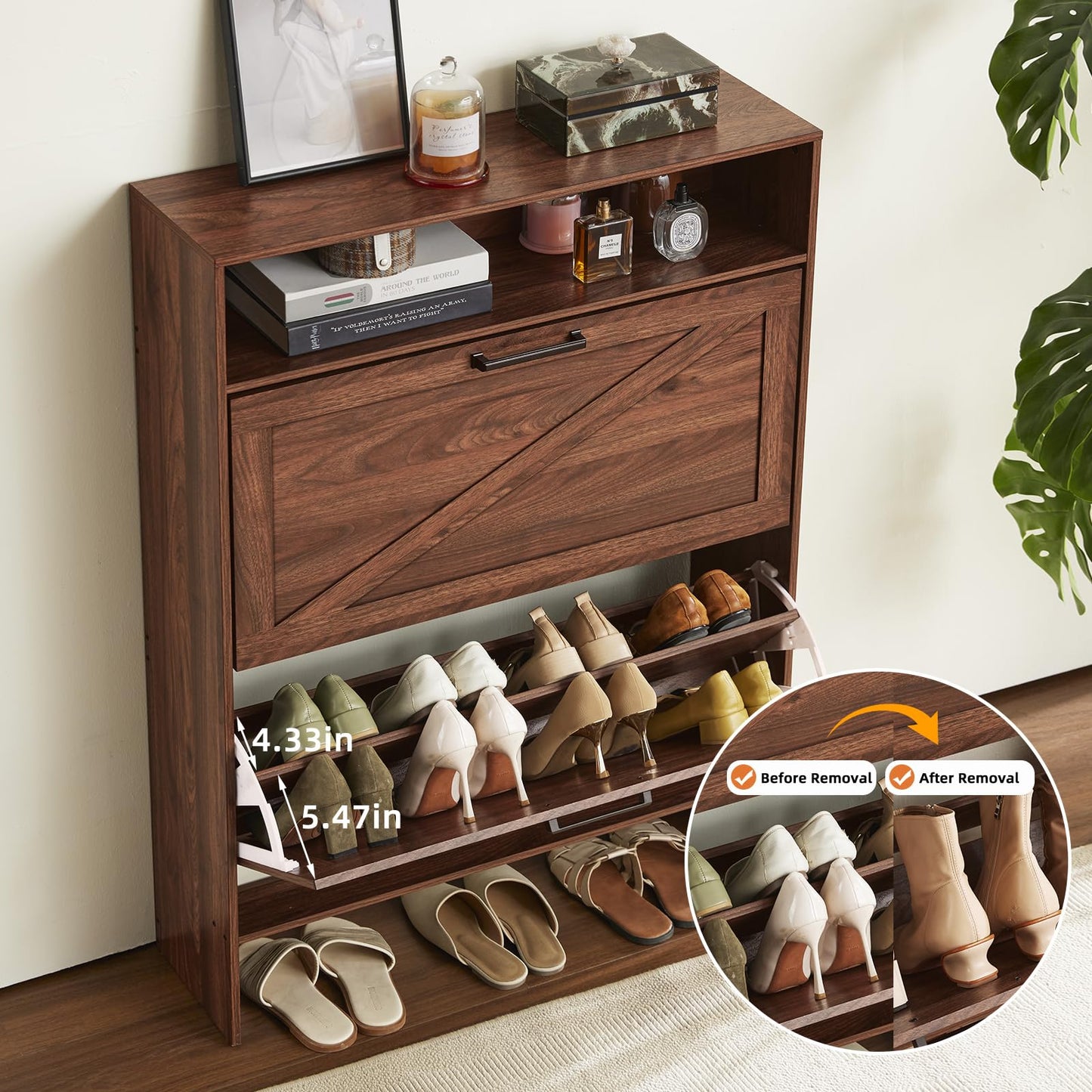 RWYHG Shoe Storage Cabinet with 2 Flip Drawers,Farmhouse Narrow Shoe Organizer with Legs,Freestanding Hidden Slim Shoe Rack Cabinet with Open Storage for Entryway,Hallway, Foyer, Rustic Brown