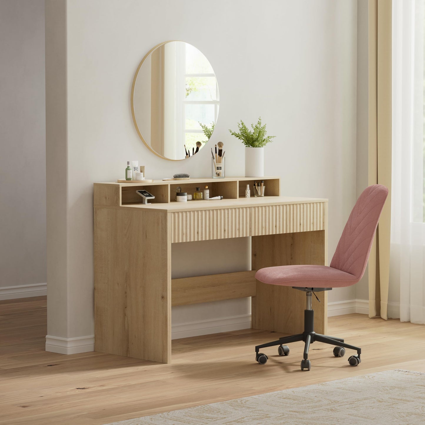 MoomJiee 47" Executive Desk with Fluted Drawer, Modern Wood Home Office Desk with Long Monitor Stand and 2 Drawers, Computer Writing Desk for Study Office Vanity, Light Oak