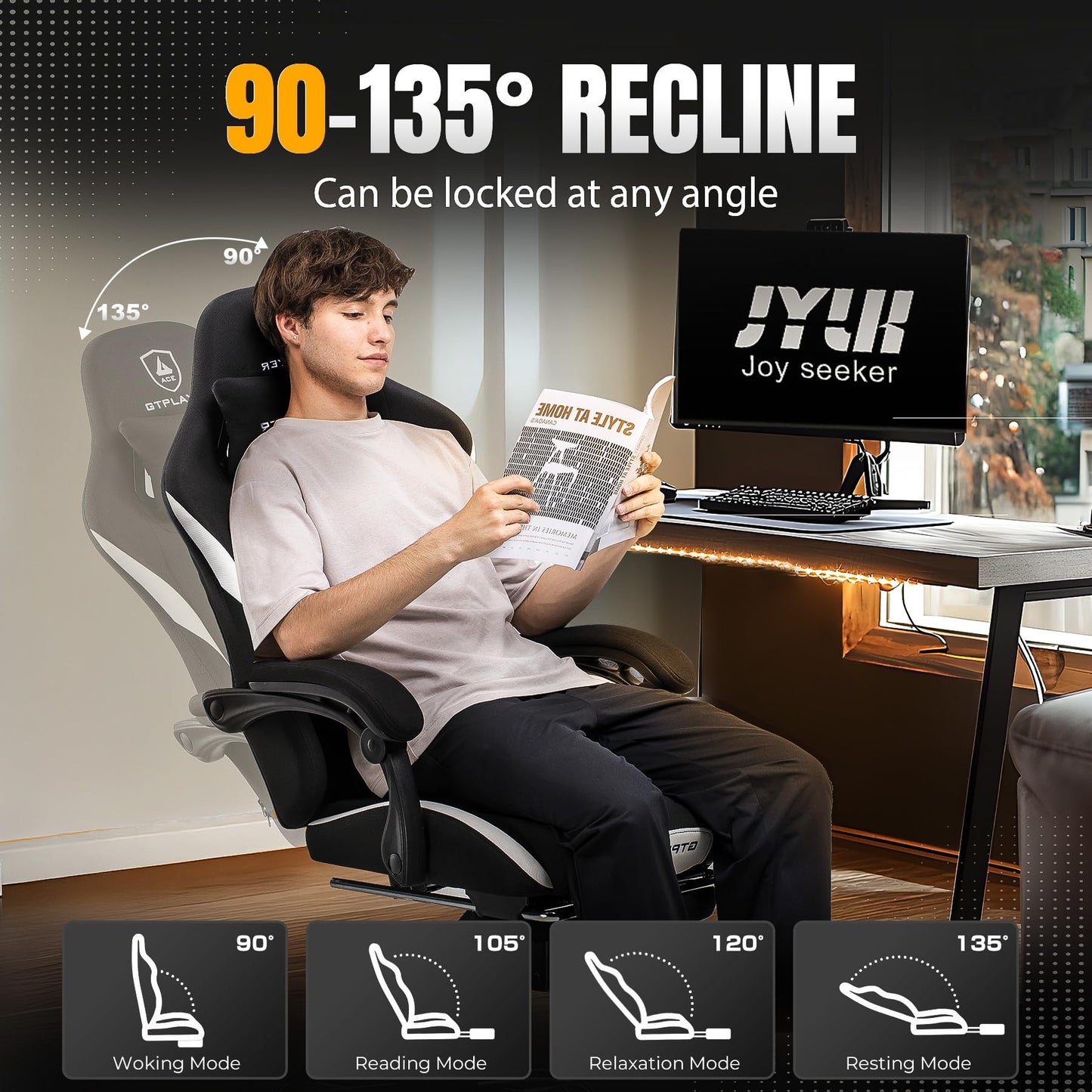 GTRACING Gaming Chair Ergonomic Office Chair with Foot Rest & Pocket Spring Cushion, High Back Computer Desk Chair with Headrest & Lumbar Support, Breathable Fabric Game Chair for Adults, Coal-Black