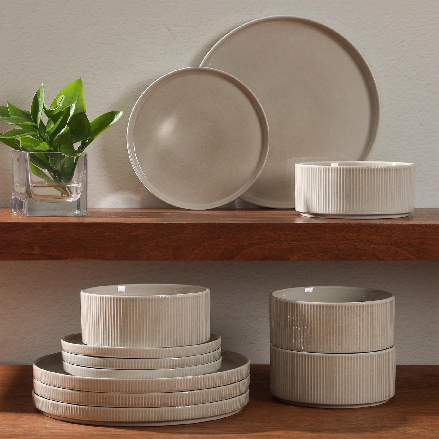 Gibson Elite Solana Coast 12 Piece Stoneware Reactive Glaze (Service for 4) Ceramic Plates and Bowls Modern Shape Embossed Dinnerware Set - Cream White