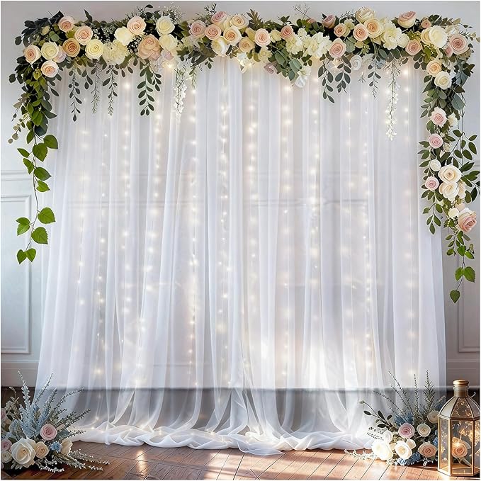 EMART White 10x10ft Tulle Backdrop Curtains with Lights String,Sheer Backdrop Curtains for Wedding, Baby Shower,Photoshoo...