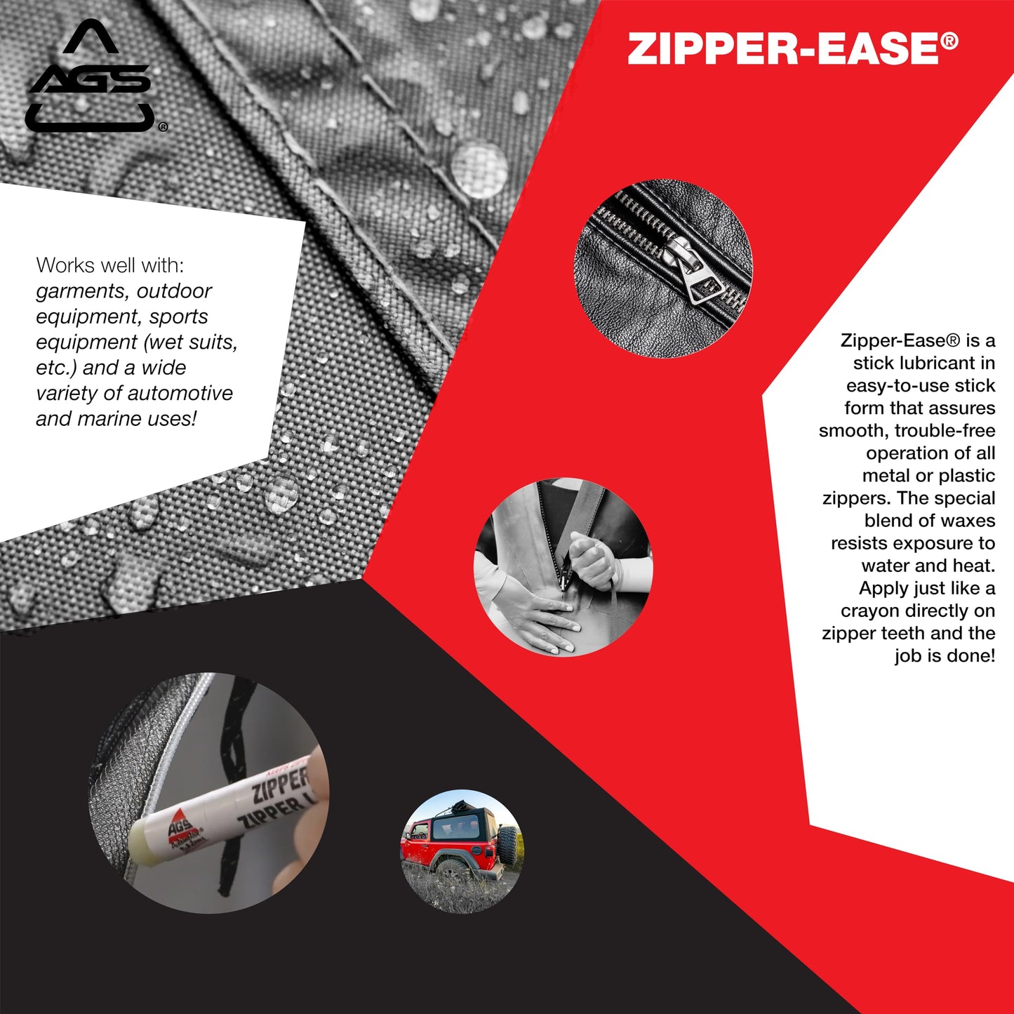 AGS Automotive Solutions Zipper Lubricant Stick - Universal Zipper Lubricant & Protector - 0.43 oz