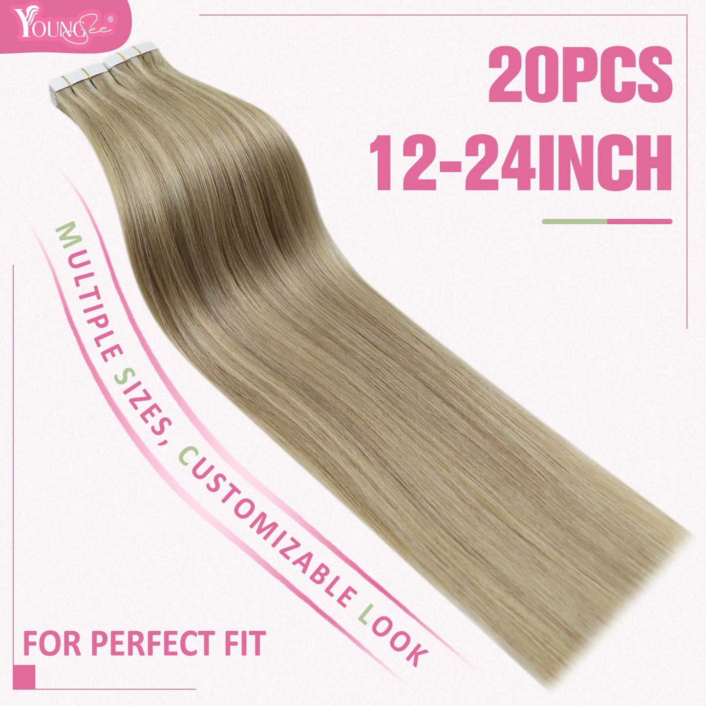 YoungSee Tape in Hair Extensions Real Human Hair Blonde Highlight Tape ins Human Hair Extensions Golden Blonde Highlights Human