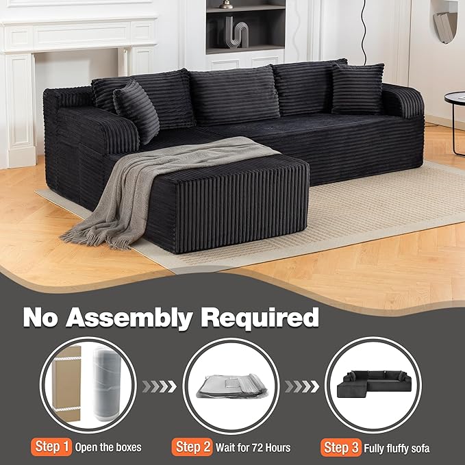 TonghuaS 106” Cloud Modular Sectional Sofa with L-Shape Chaise and Deep Seat, Corduroy Memory Foam Boneless Compressed Couch for Living Room, No Assembly Required(Left Facing Chaise, Dark Grey)