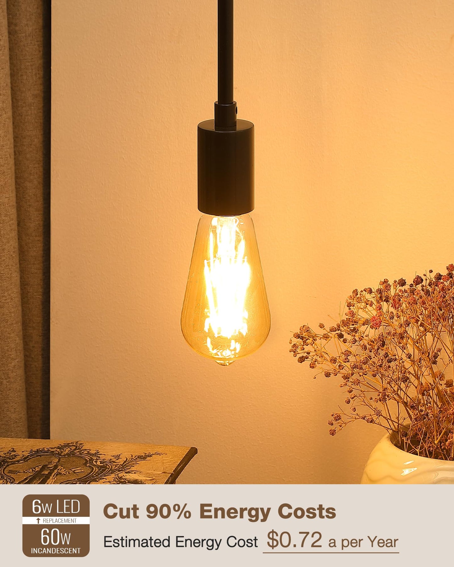 Lafoy Amber Edison Light Bulbs 2200K Soft Warm, E26 LED Bulb 60 Watt Equivalent, 6W ST58 Teardrop Antique Style 60W Replacement, 550 Lumen Medium Base Lightbulbs, 120V 6 Pack