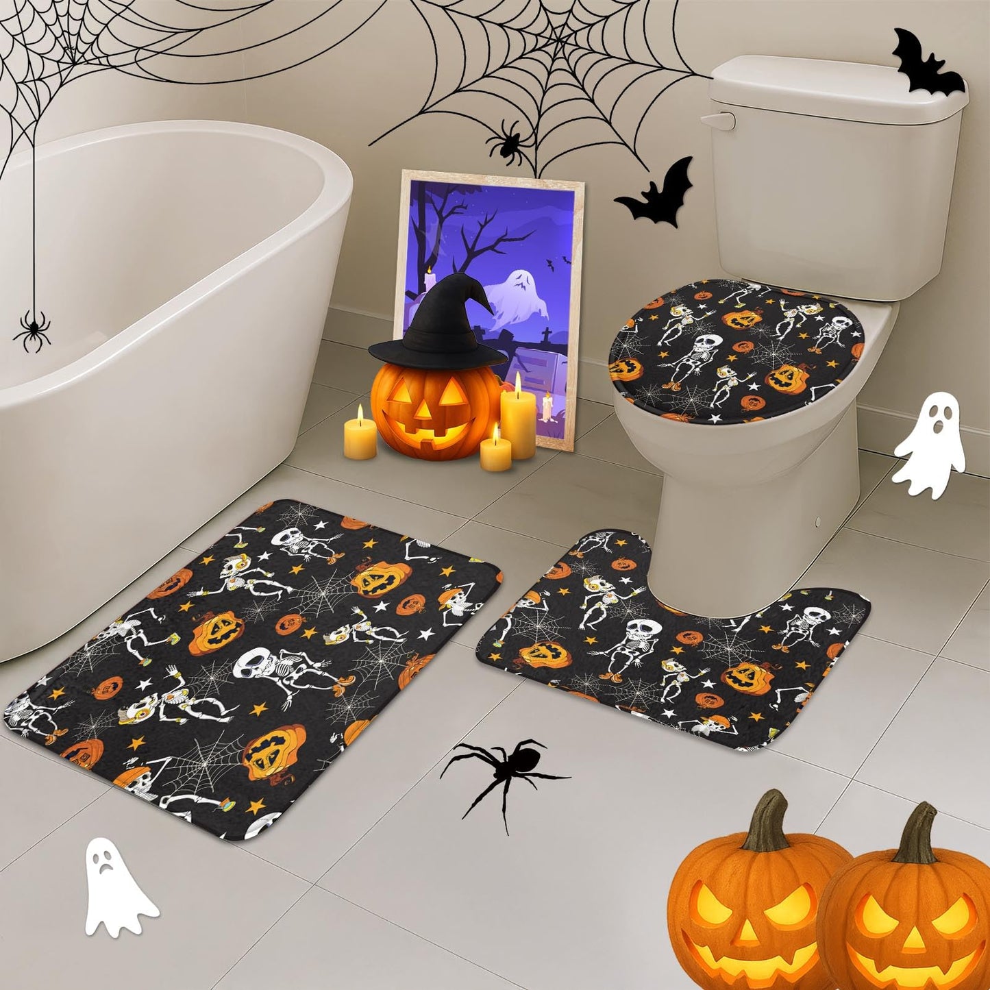 Tayney Haloween Pumpkins Shower Curtain Set with Toilet Lid Cover and Non-Slip Rugs, Dancing Halloween Skeletons and Pumpkins 4 Pcs Shower Curtains for Bathroom, Holiday Funny Bathroom Decor