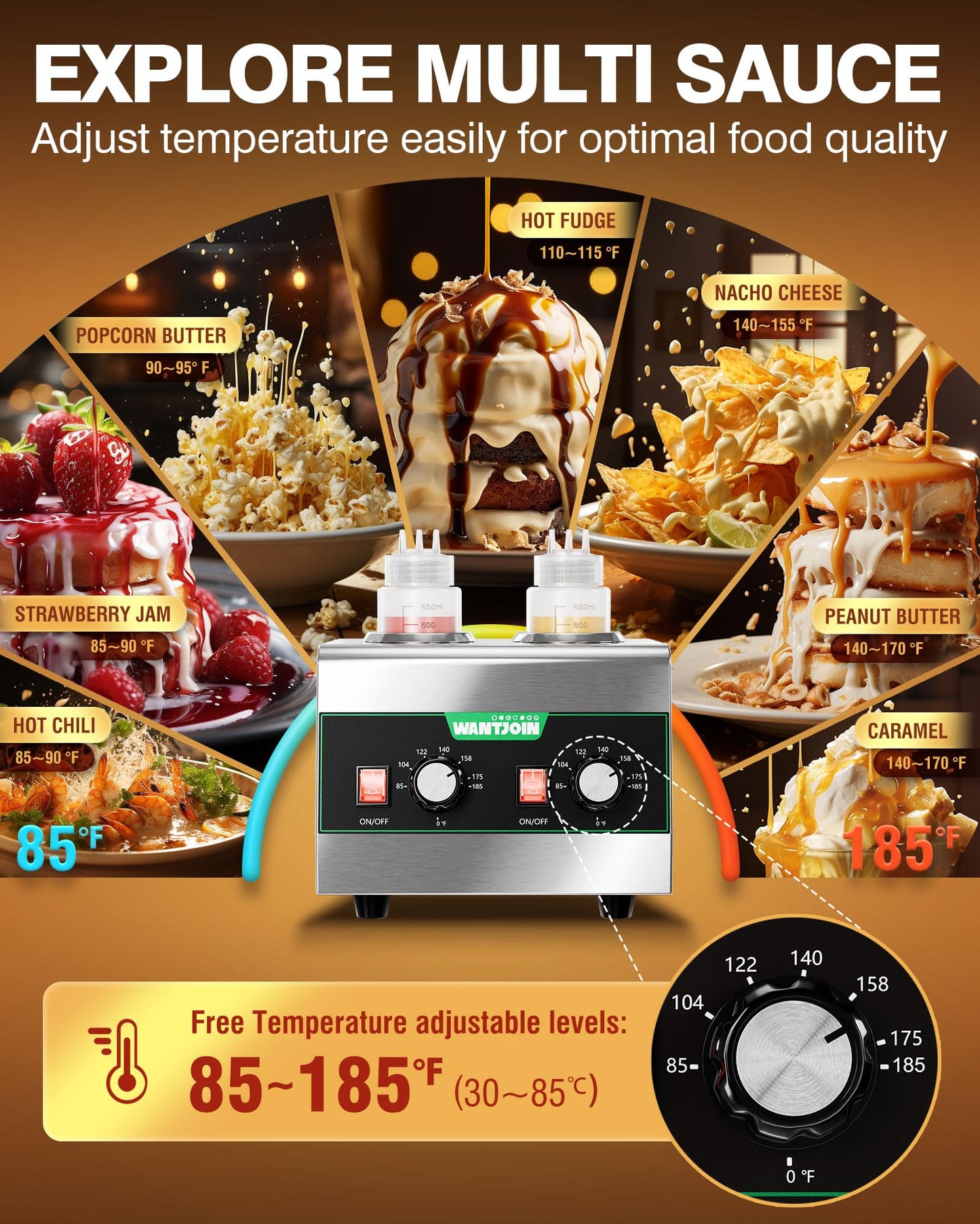 WantJoin Electric Sauce Warmer Dispenser Countertop Stainless Steel Sauce Heat Preservation Machine Hot Fudge Nacho Cheese Ketchup Chocolate Warmer for Commercial with 650ml Squeeze Bottle*2
