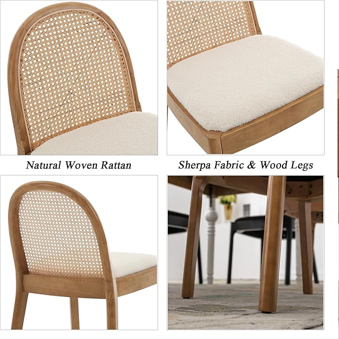 DUOMAY Mid-Century Modern Rattan Dining Chairs Set of 2, Wooden Dining Room Chair with Cane Backrest and Padded Seat, Sherpa Upholstered Dining Chair, Natural Finish, White