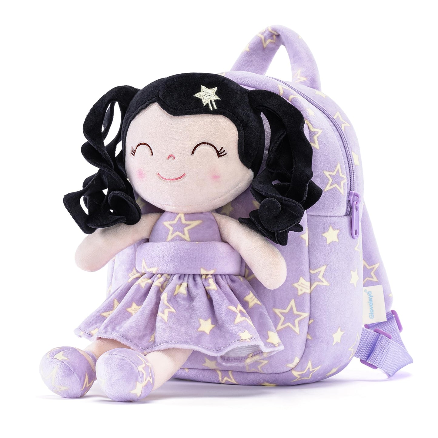 Gloveleya Toddler Backpacks Baby Girl Gifts Curly Hair Plush Figures Dress Backpack Kids Backpack Curly Hair Spring Girl - Black Head Purple Star 9inches