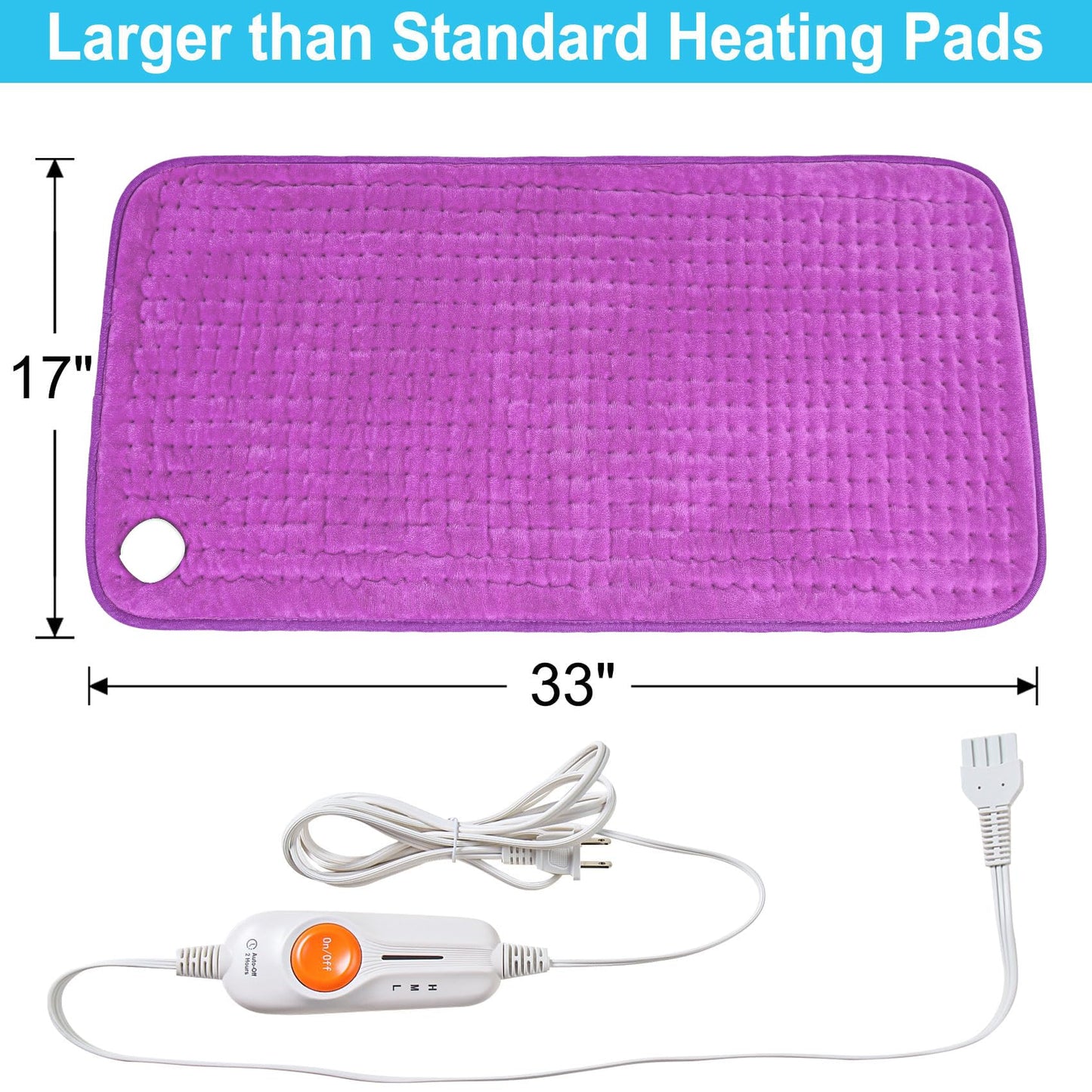 Boileau Electric Heating Pad for Back Pain and Period Cramps Relief, 17"x33" Extra Large XXXL, 3 Heating Levels Heat Pad with 2-Hour Auto Shut Off, Gifts for Women and Mom, Purple