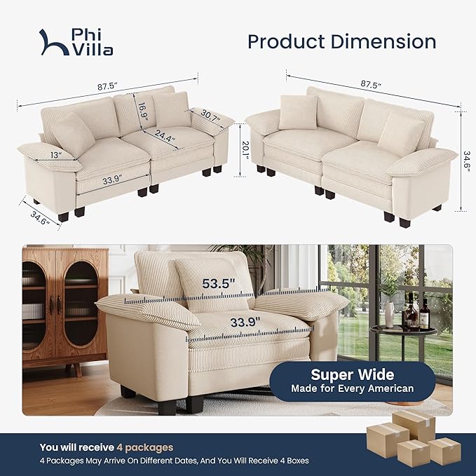 PHI VILLA Cloud Modular Couches Sets, 2 Pieces Sectional Loveseat Sofa Set, 4-Seater Comfy Couch for Living Room Small Spaces, Chenille Corduroy Dual Fabric, Beige