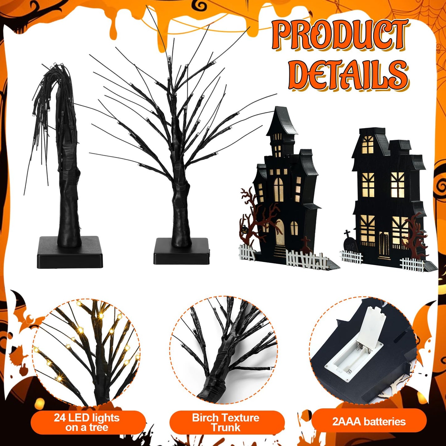 Cinnvoice 4 Pcs Halloween Table Decorations Indoor - 2 Lighted Wooden Haunted House Decor, 2 LED Birches Tree Decor - Battery Operated for Home Kitchen Ornaments