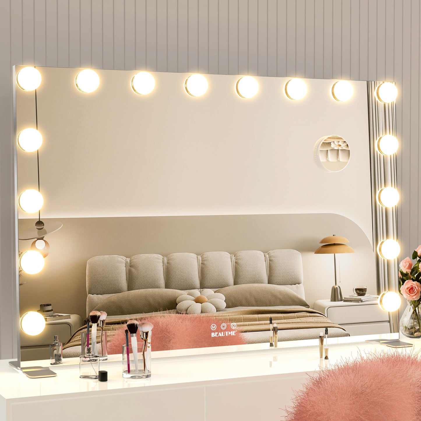 BEAUTME Hollywood Makeup Mirror,Vanity Mirror with Lights, LED Mirrors, Tabletop or Wall-Mounted Mirror with 16 Dimming LED Bulbs, Silver(911×180×616mm)