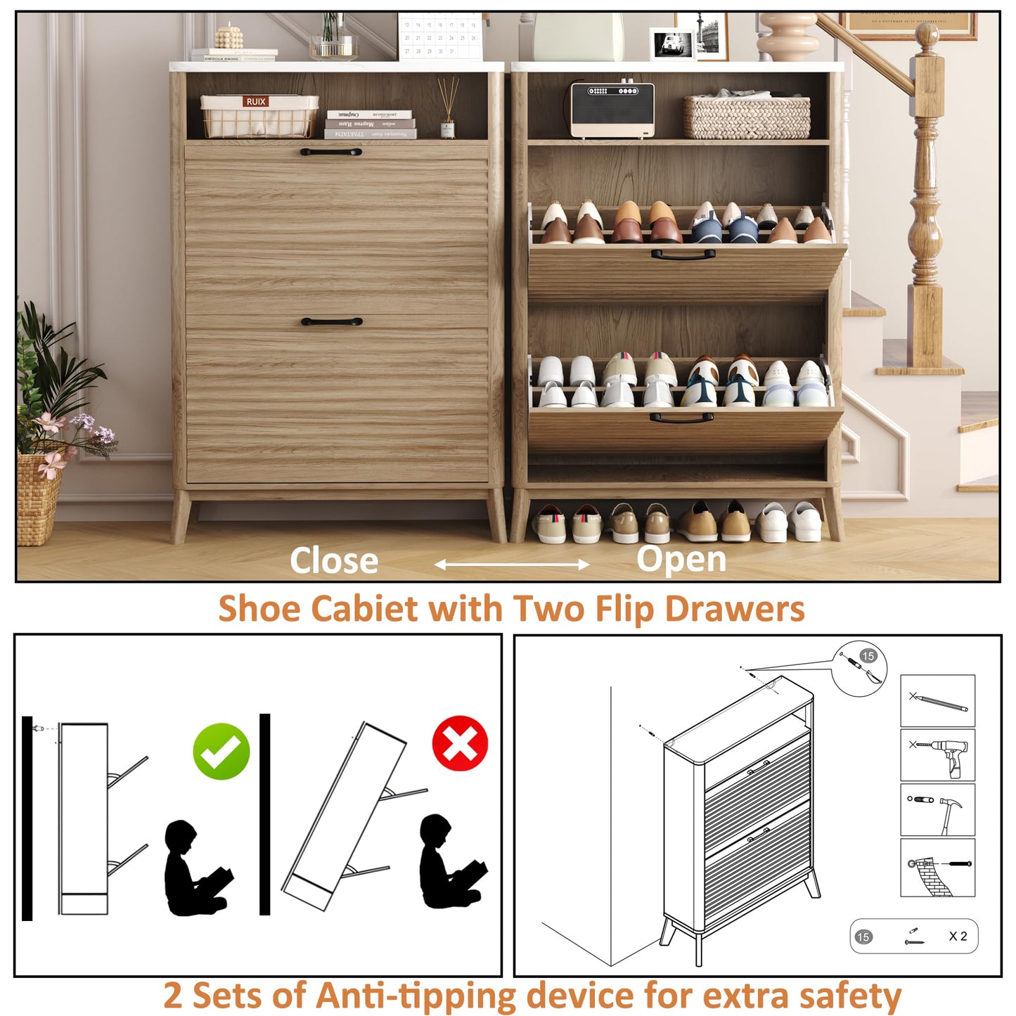 HOMEFORT Shoe Storage Cabinet for Entryway, 31.5" Fluted Shoe Cabinet with 2 Flip Drawers, Mid-Century Modern Hidden Shoe Rack Organizer, Slim Shoe Cabinet for Front Door Entrance, Natural Oak