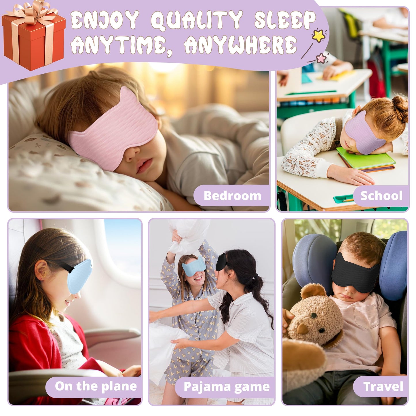 Kids Sleep Mask Eye Mask: 3D Contoured Cup Sleeping Masks, Blindfold with Adjustable Strap, Kids Eye Cover for Boys, Girls, Teens, Pressure-Free with Memory Foam Face Mask for Sleeping (Purple)