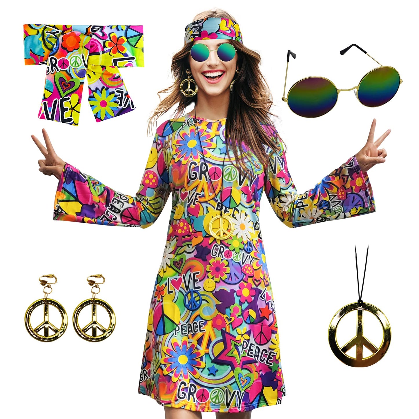 MRYUWB 70s Hippie Dress Costumes Necklace Earrings Sunglass Women Disco Outfit, 60s Party Costume, Halloween Retro Dresses (Love and Peace, XL)