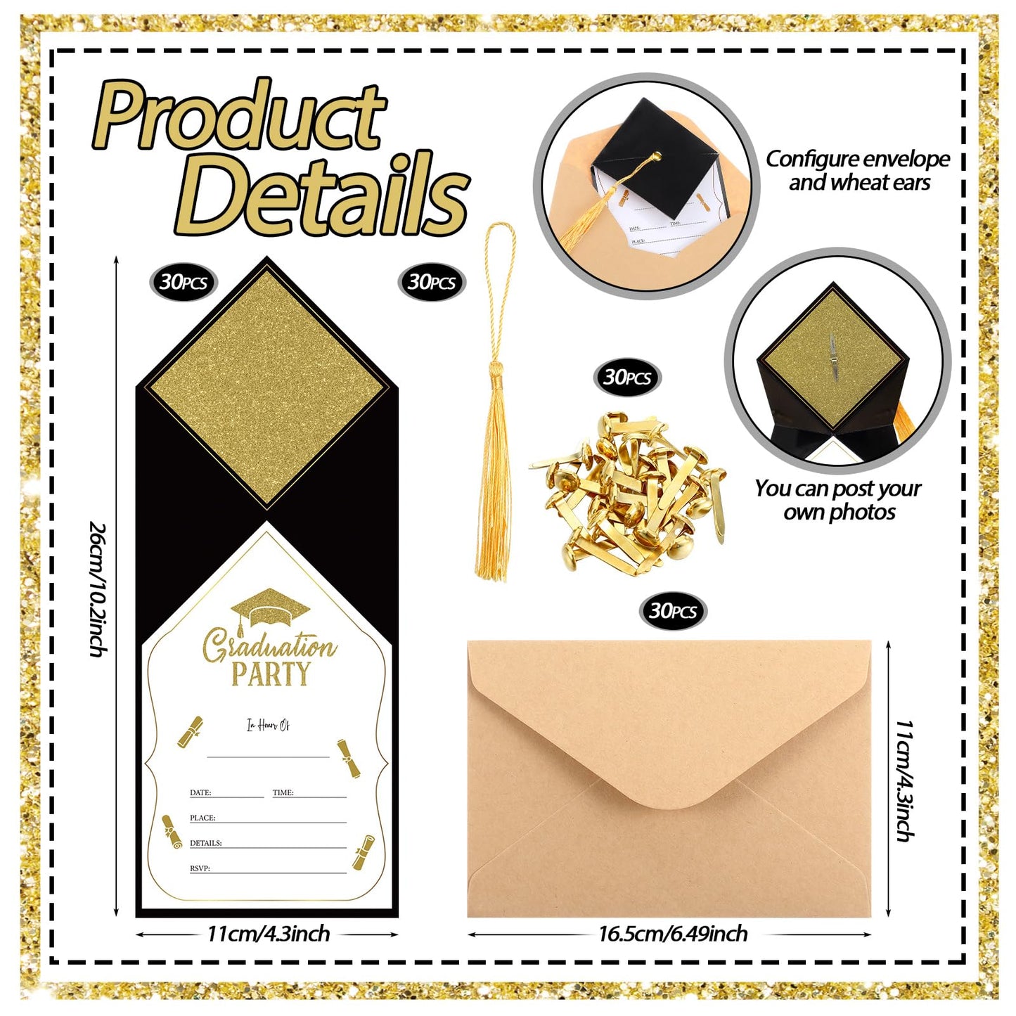 Kosiz 30 Pack Graduation Invitation with Envelopes Graduation Party Invitations Class of 2025 Grad Celebration Announcement Cards Party Supplies for University Masters