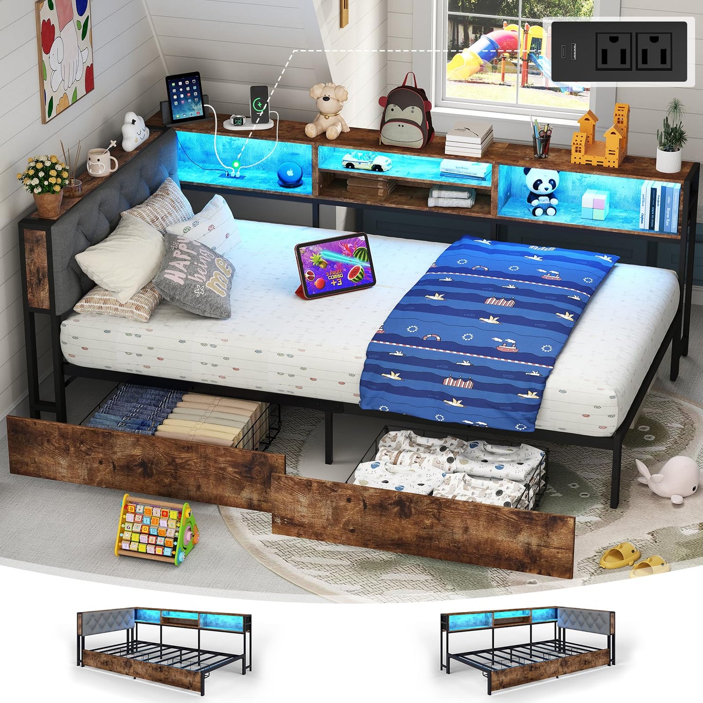 Twin XL Corner Bed Frame with Storage Bookcase and LED Lights, Twin XL Daybed with 2 Storage Drawers, Upholstered Platform Bed with Headboard and Charging Station, Rustic Brown & Gray