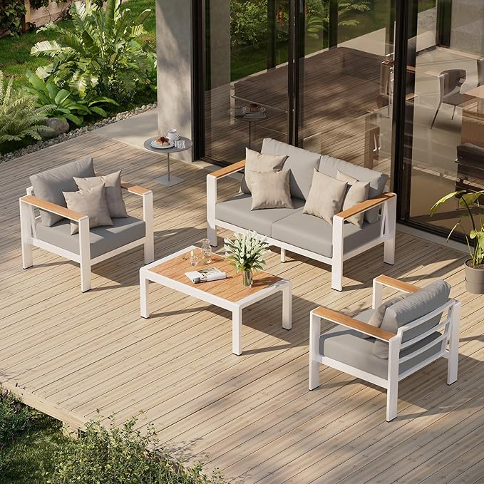 Oasbira Aluminum Outdoor Patio Furniture Set with Coffee Table, 4 Piece Patio Conversation Sets with Washable Thick Cushions, Patio Sectional Furniture Set for Porch, Balcony, Deck, Yard, White