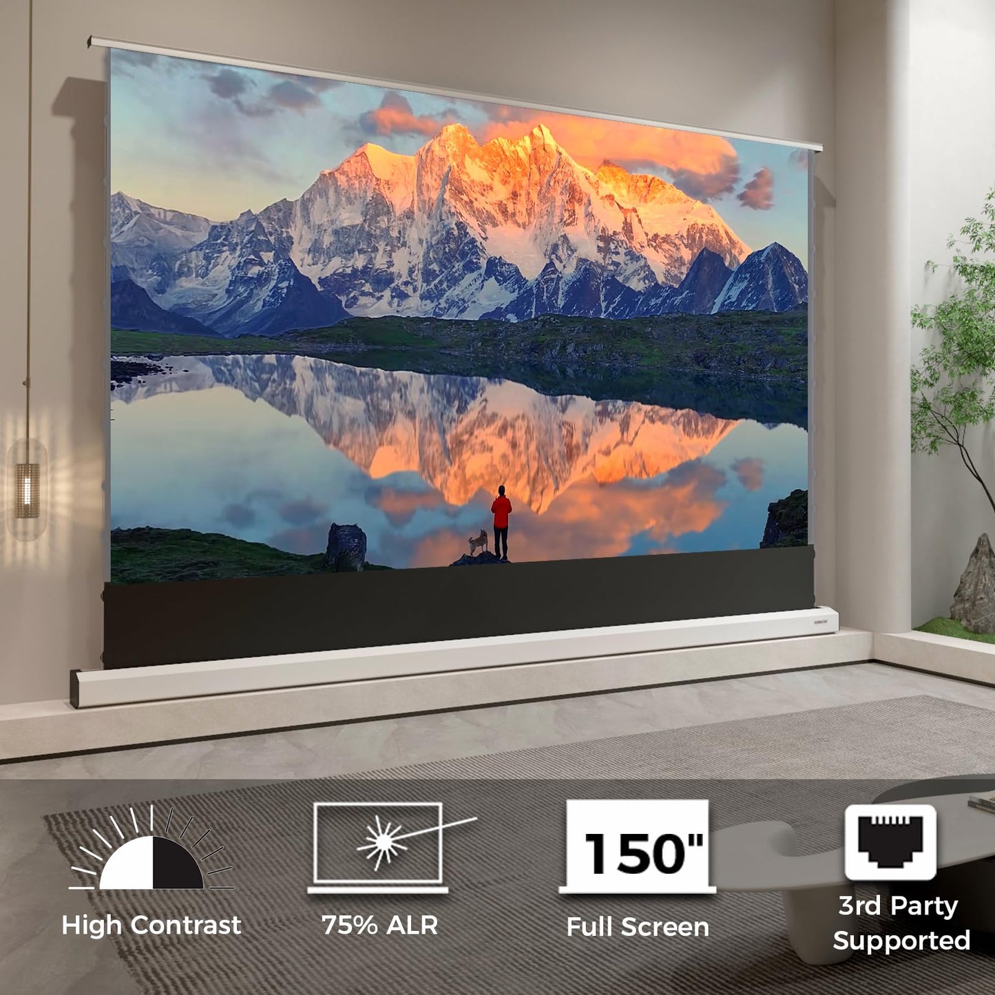 SCREENPRO Tensioned Floor Rising Projector Screen 150 inch, Motorized ALR Projector Screen with Remote, 16:9 Electric Home Theater Screen for 4K Projectors
