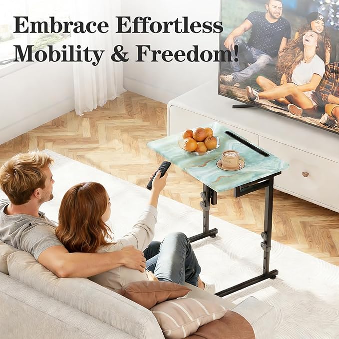 Adjustable Height Tv Tray Table,Portable Folding Tv Tray Dinner Snack Trays Table,Small Foldable C-Shaped End Table for Eating,Slide Under Couch Side with Sturdy MDF Top,No Assembly(Sea Blue+Black)