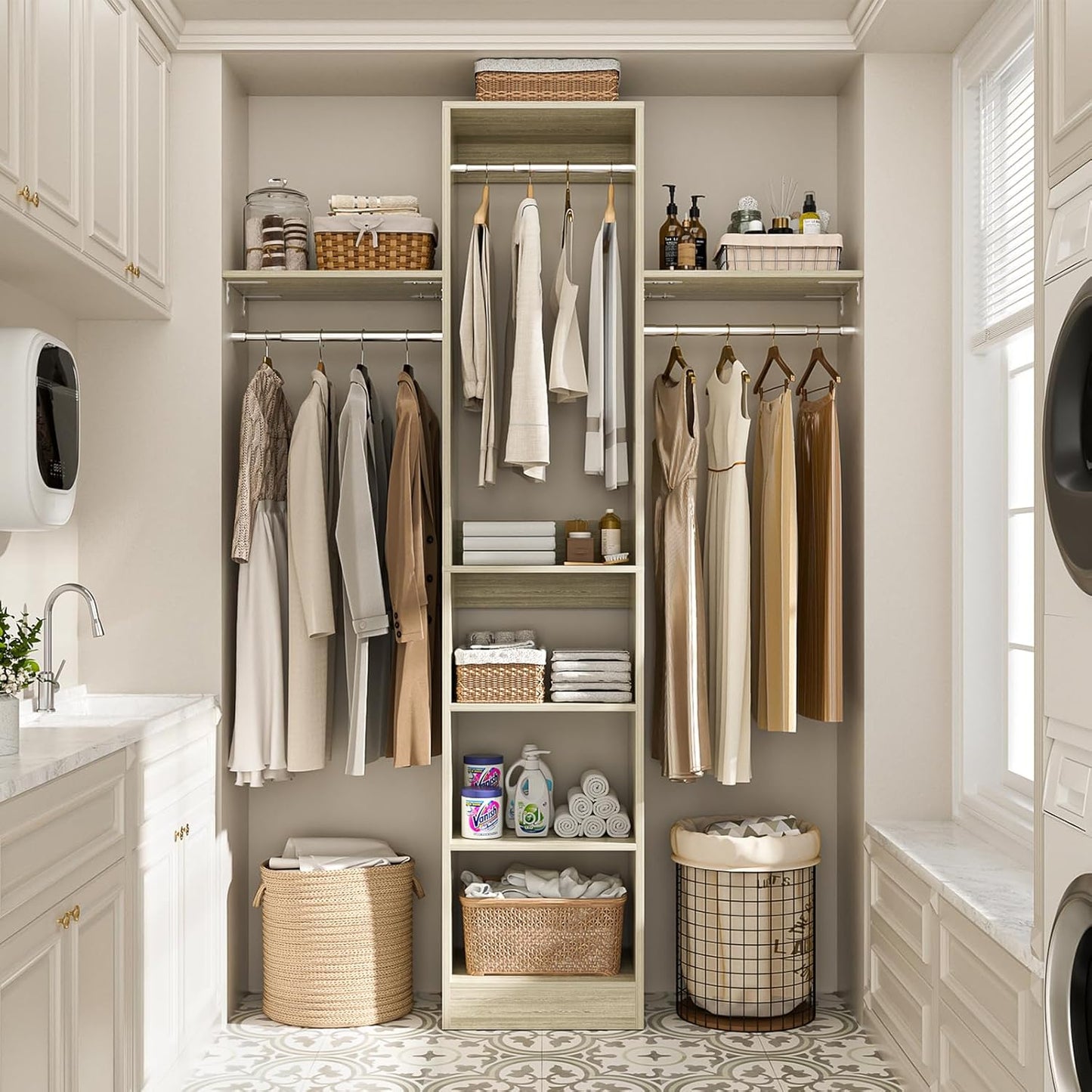 48" Small Closet Organizer, 4FT Small Closet System with 4 Closet Rods & 3 Shelves, 80"H Small Closet Organizers and Storage for Small Bedooms, Cloakrooms, Laundry Rooms, White Oak
