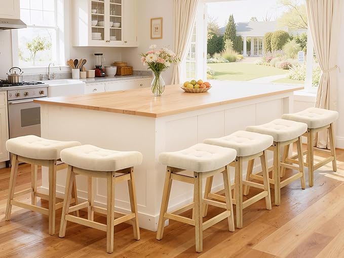 Counter Height Bar Stools Set of 6 for Kitchen Counter, Backless Farmhouse Island Short Barstools No Back with Padded Fabric Saddle Seat & Solid Wood Legs Modern 24 inch Counter Top Bar Chairs, Khaki