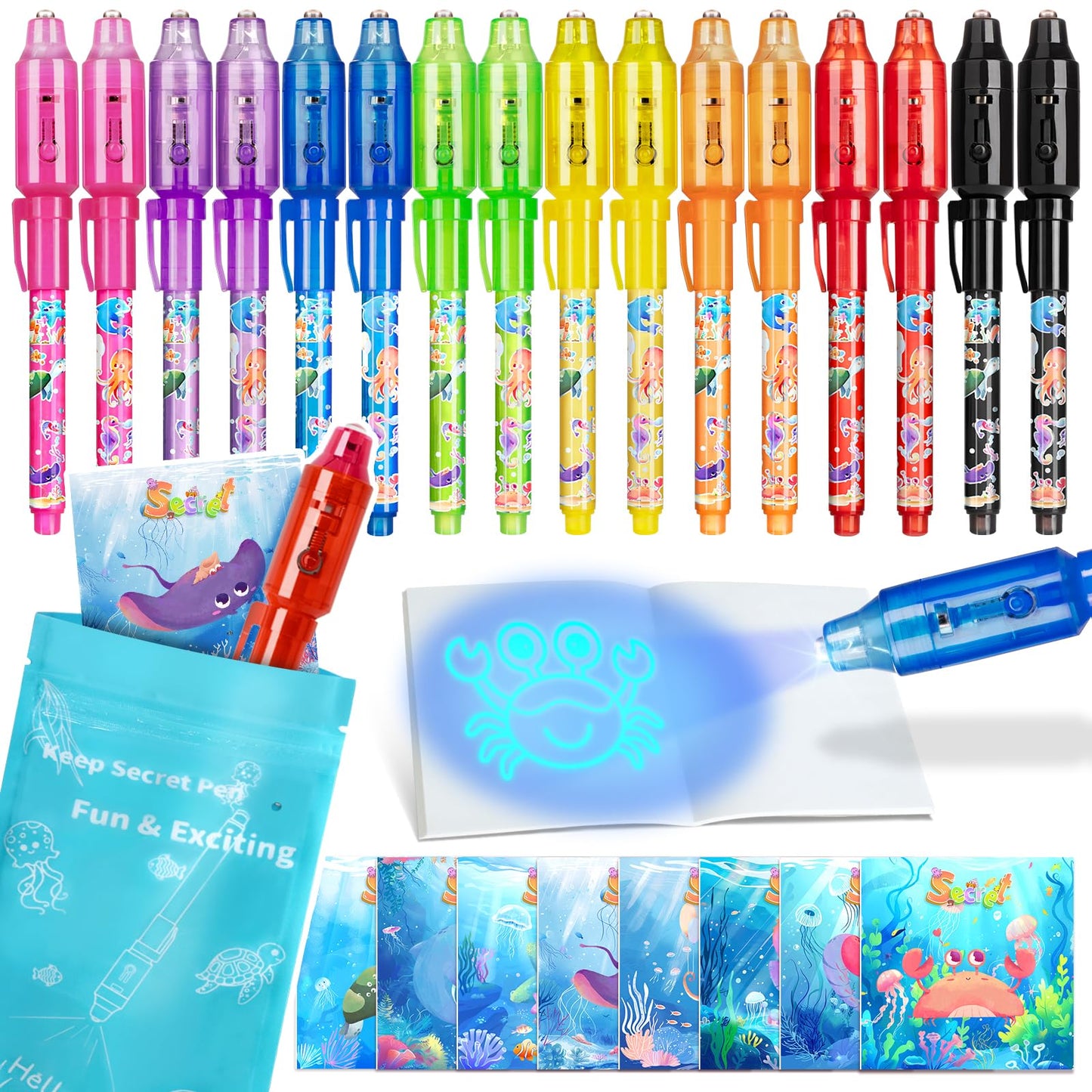 Invisible Ink Pens, 16 Pack Spy Magic Markers Pen with UV Light & Notebook Set, Secret Message Ink Pen Party Favors for Kids 4-12, Boy Birthday Gift Classroom Prizes Goody Bag Stuffers Supplies