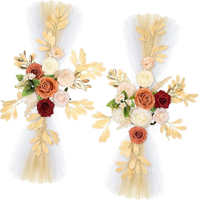 Wedding Arch Flowers, Artificial Floral Decor for Wedding Ceremony & Reception, Standard Size Large Flower Swag Set for Backdrop & Welcome Sign, Pack of 2 (Orange Wine Red Pampas)