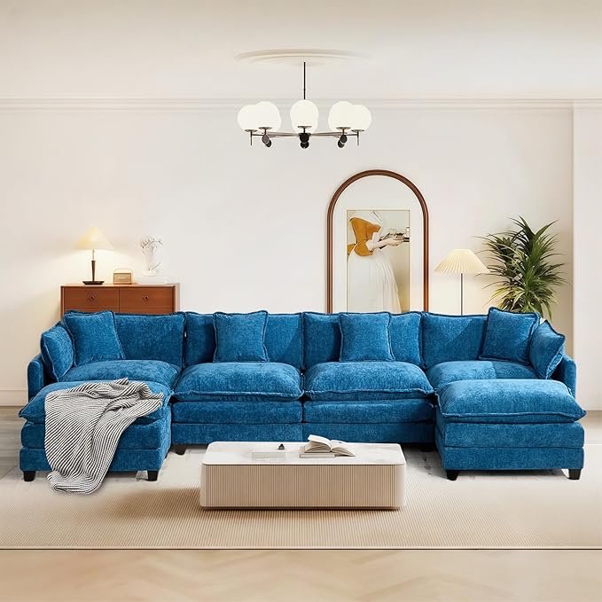 SoarFlash 149.61" Chenille Sectional Sofa, Comfy U Shaped Modular Coush Sofa with Ottoman, Modern 4 Seat Couch Deep Seat Sofa Set for Living Room,Blue