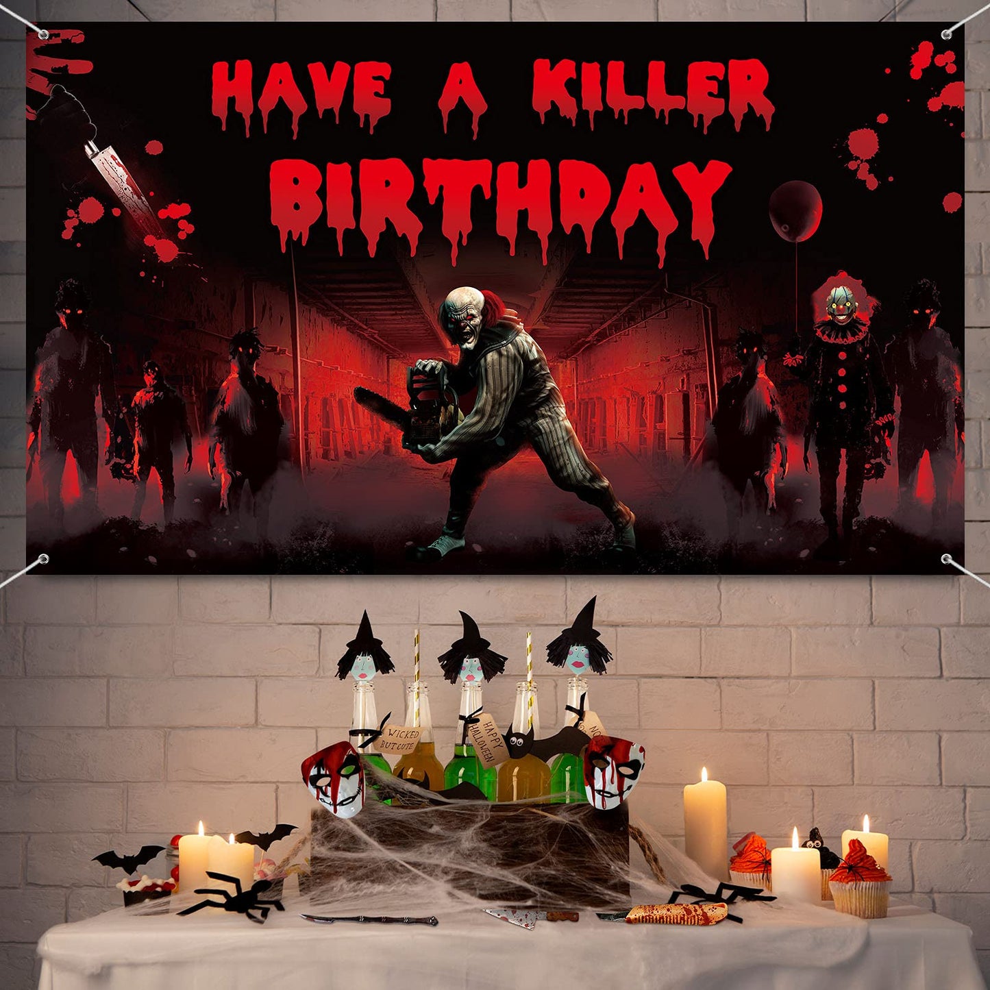 Irenare Killer Birthday Party Backdrop Banner - Crime Scene Decor, Horror Movie Background, 72.8 x 43.3 Inch Scary Bloody Banner for Creepy Movie Chainsaw Clown Spooky Props
