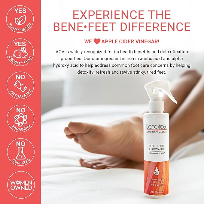 Benefeet Best Foot Forward Peeling Spray - May Help Rejuvenate + Smooth for Cracked Heels, Corns + Calluses Made w/Shea Butter, Apple Cider Vinegar + Tea Tree Oil, 6.7 oz (1 Pack)