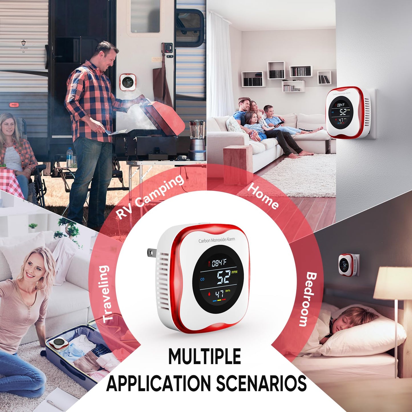 Carbon Monoxide Detectors Plug in, 3-in-1 Portable CO Detector with Temperature & Humidity Display for Home, Hotel, RV & Travel