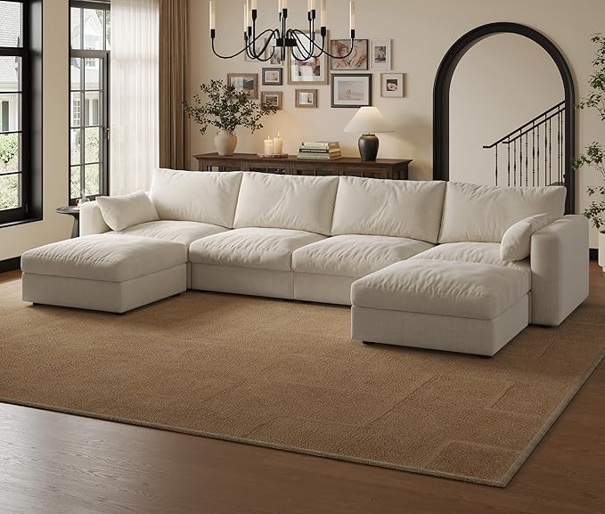 Cloud Modular Sectional Sofa Couch with Storage Ottoman, 128" Oversized Sectional Couches for Living Room, Cloud Modular U-Shaped Sofa with Chaise, 6 Seater, Chenille, Beige