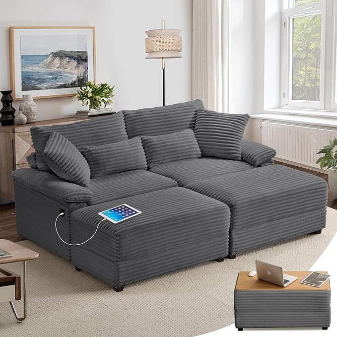 SUNWAVE 74" W Double Chaise Lounge Chair Indoor, Oversized Loveseat with Storage Ottoman, Corduroy Couch with USB Charging, Removable Ottoman, and Coffee Table Cushions for Living Room Bedroom