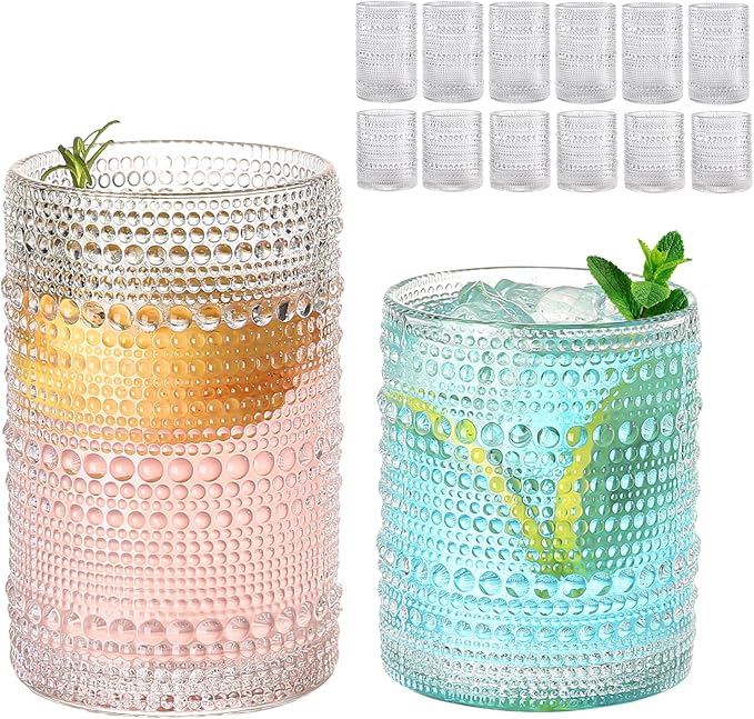 ZMOWIPDL Vintage Glassware Drinking Glasses Set of 12,Clear 12oz & 15oz Hobnail Glass Cups,Embossed Water Tumbler,for Bee...