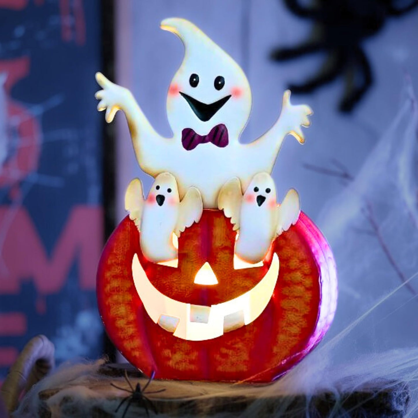 TERESA'S COLLECTIONS Halloween Decorations, Ghost and Pumpkin Halloween Decor, Large Ghost and Orange Jack O Lantern with Light, 12", Metal Outdoor Garden Statue, Indoor/Outdoor
