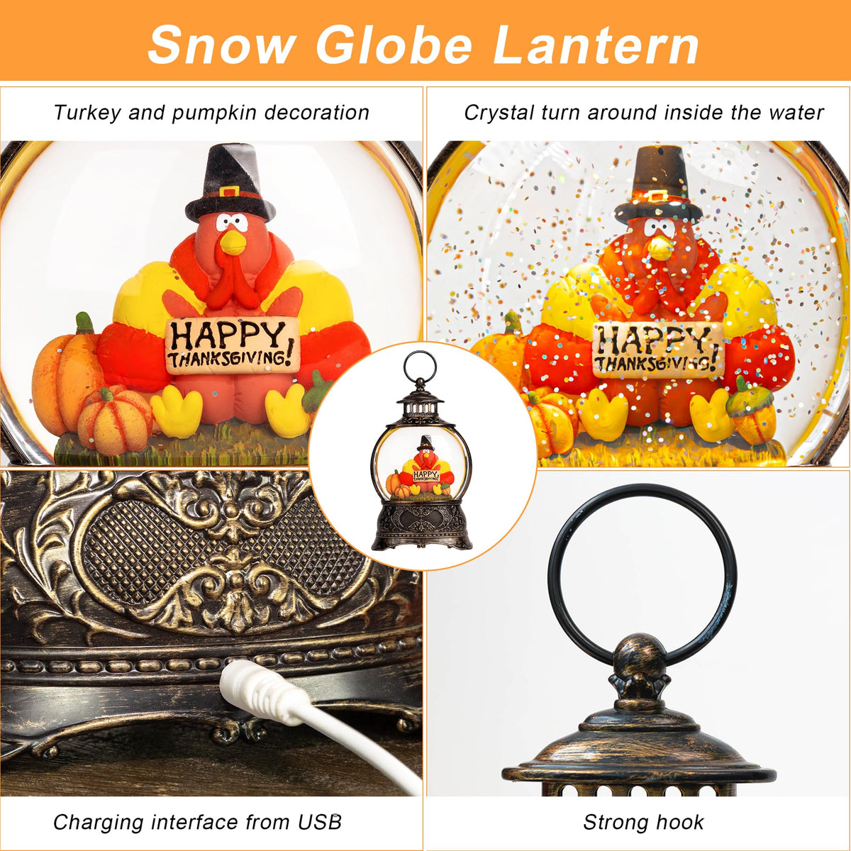 Fall Snow Globes Thanksgiving WaterLantern Swirling Glitter Snow Globe for Autumn Harvest Day Decorations Home Fall Halloween Decor Gifts (Turkey & Pumpkins)