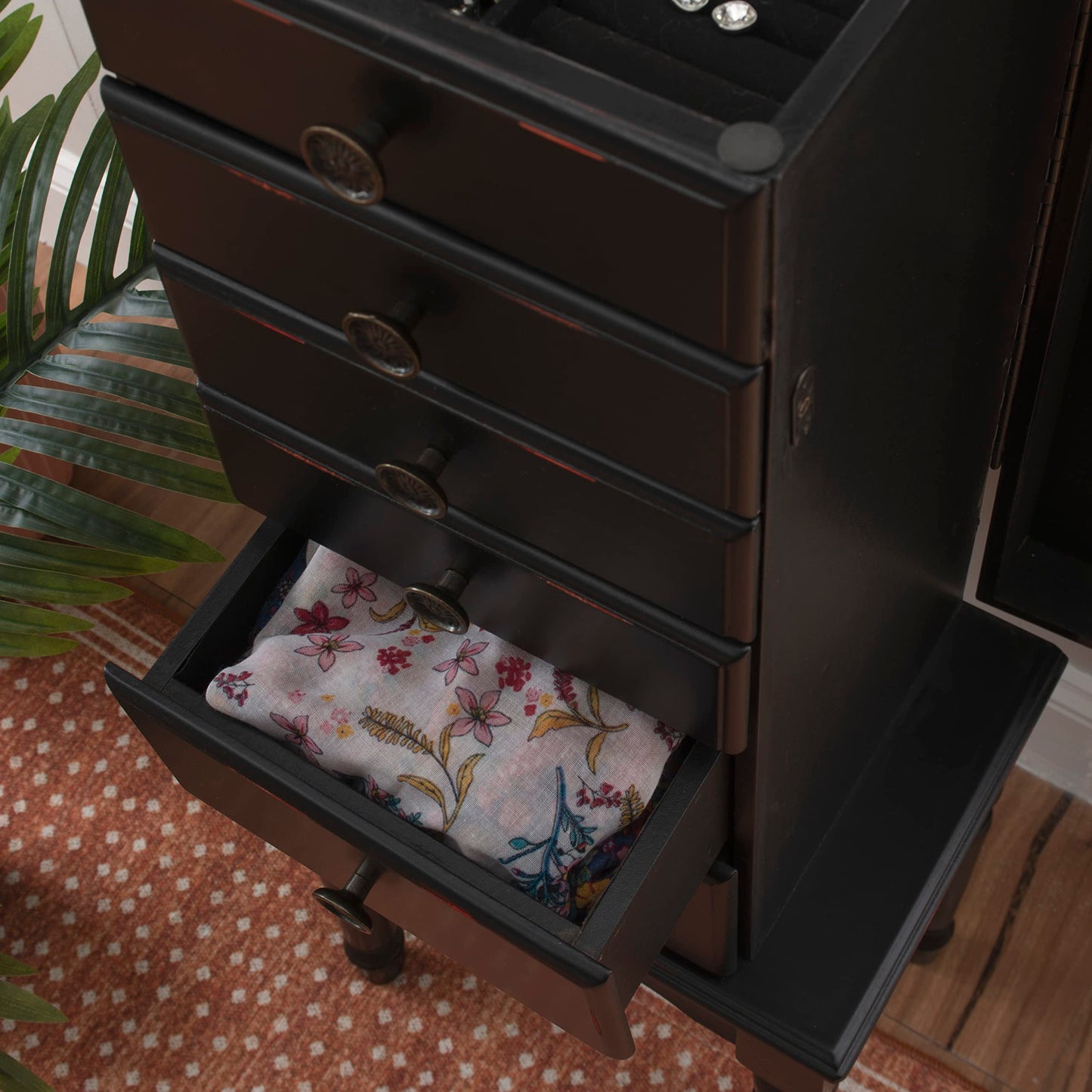 Powell Ebony Jewelry Armoire, Distressed Ebony Black; Black Lining