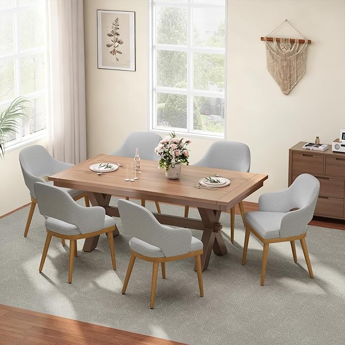 MALOL Wooden Dining Chairs Set of 6, Modern Fabric Upholstered Dining Room Chair, Kitchen Side Chairs, Farmhouse Dinner Chair with Open Back for Kitchen, Lightgrey