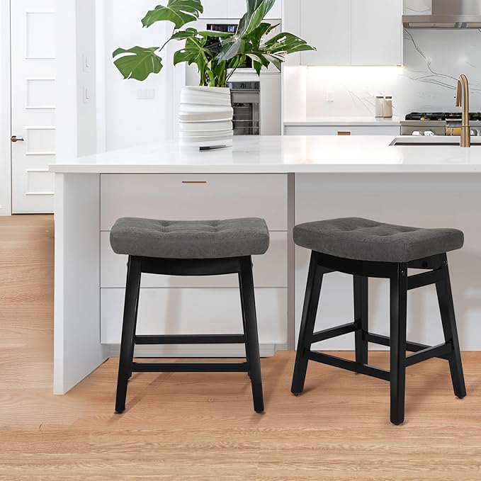 RNKSFX Counter Height Bar Stools Set of 4 for Kitchen Counter Farmhouse Modern Barstools with Faux Leather Upholstered Backless Seat and Solid Wood Legs 24 inch Bar Chairs, Grey + Black