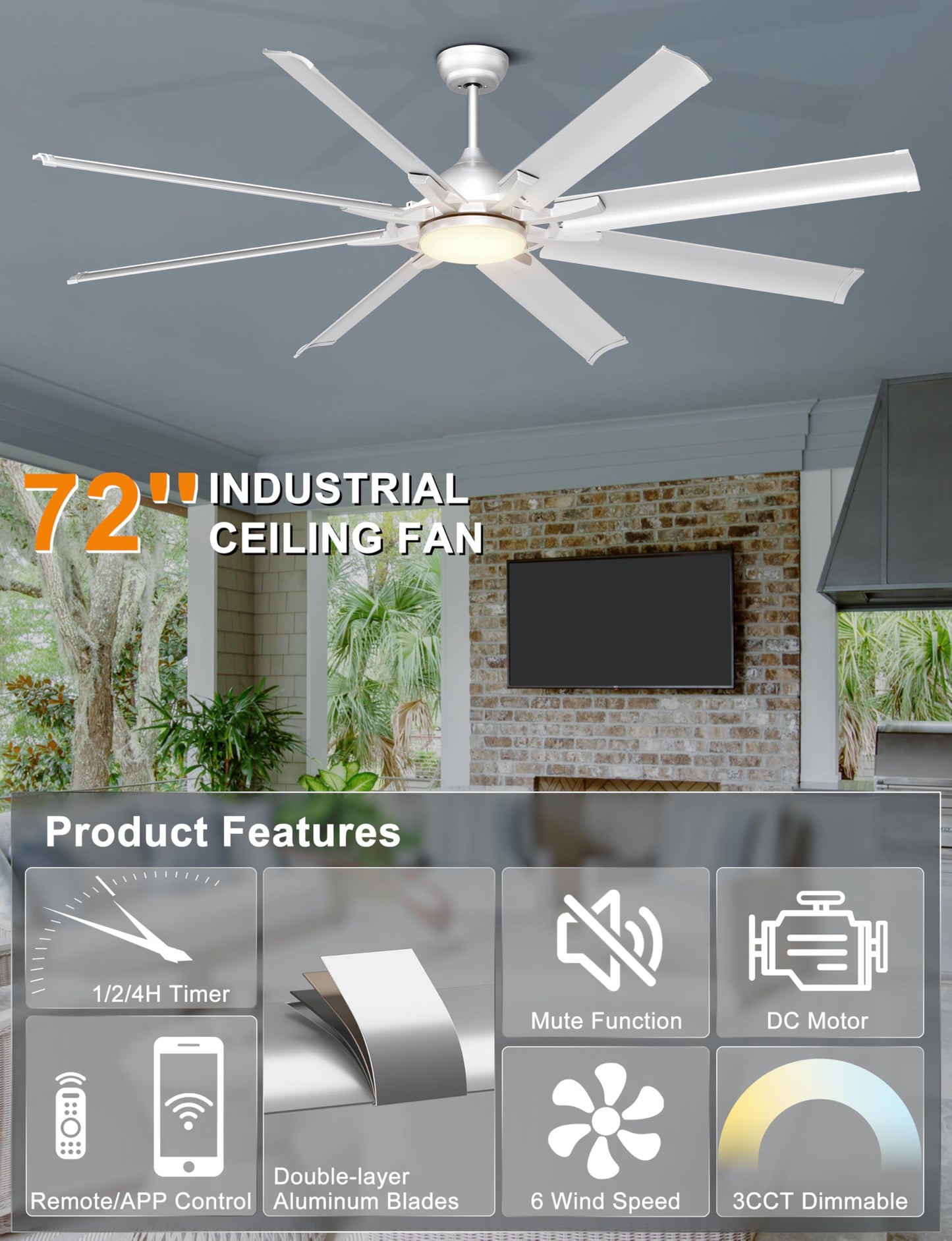 Ohniyou 72 Inch Industrial Ceiling Fan With Lights Remote Control, Large Ceiling Fan With 8 Aluminum Blades, 3 Cct, 6-Speed Quie