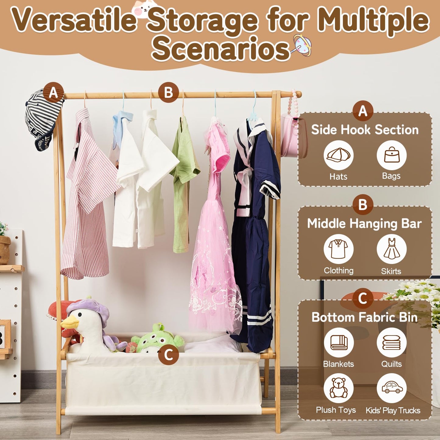 Bamboo Kids Clothing Rack with Storage Box - Foldable,Kids Dress Up Rack with Hooks & Rod, Organize Dress Up Storage & School Uniforms, Perfect for 4-13 Year Olds (Natural)