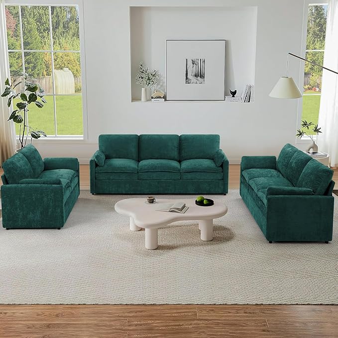 ACMEASE 3 Pieces Chenille Sofa Set w/Arm Pillows, Upholstered Loveseat & 2 Pieces 3 Seater Sofa w/Comfortable Back Cushions, Modern 2-Seat & 3-Seat w/High-Density Foam for Living Room, Teal