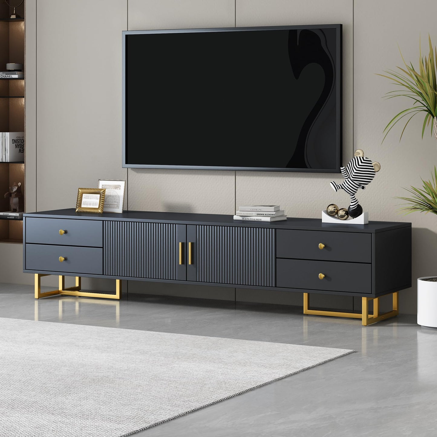 Amposei Modern TV Stand with Drawers for TVs up to 75'', Media Console Storage Cabinet Entertainment Center Furniture for Living Room Bedroom, Gold Metal Legs, 70.9-Inch, Black