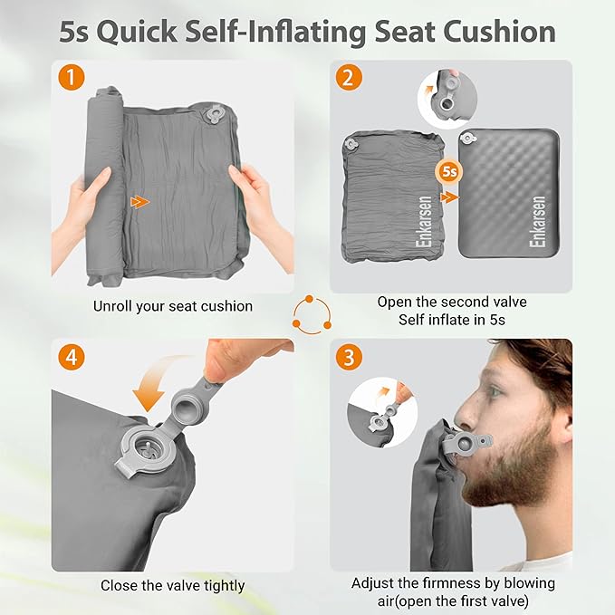 Inflatable Seat Cushion, Self-Inflating Memory Foam Airplane Seat Cushion Portable Camping Sitting Pad for Travel Stadium Car Bleachers Outdoors Office,Lightweight,Supports Back Comfort (Grey)
