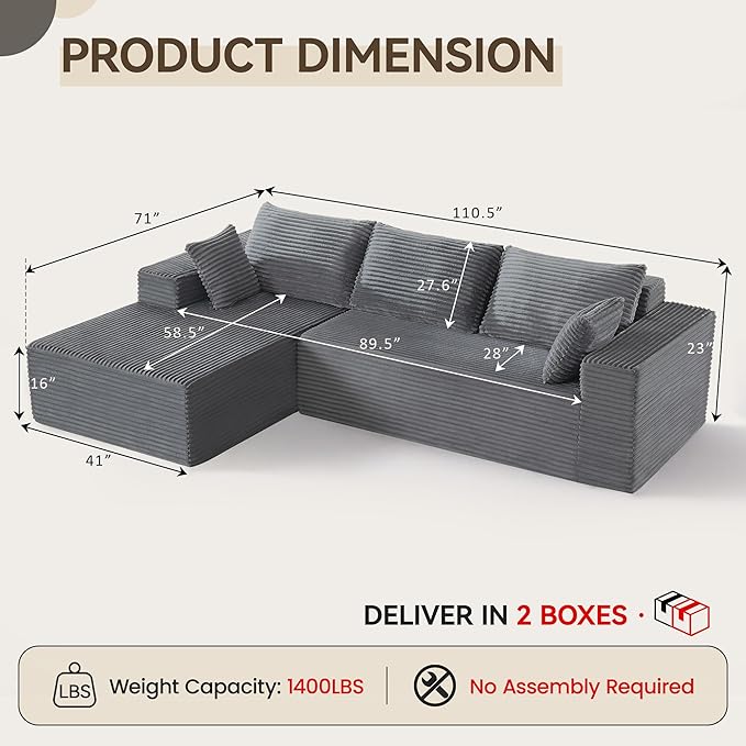UMBFUN 110" Cloud Sectional Couch for Living Room, Boneless Couch with L-Shape Chaise, Modular Sectional Sofa with Deep Seat, Oversized Modular Sofa for Bedroom, No Assembly Required, Corduroy