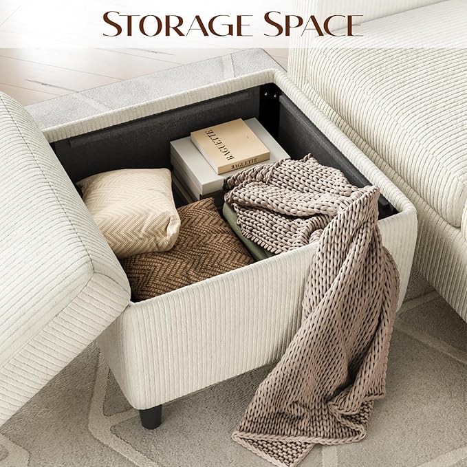 POYISOU Sectional Couches for Living Room, L Shaped Couch with Storage Ottoman, Small Sofa Corduroy Couch with Side Pockets, Modern 3 Seater Convertible Sofa for Apartment, Office, Beige